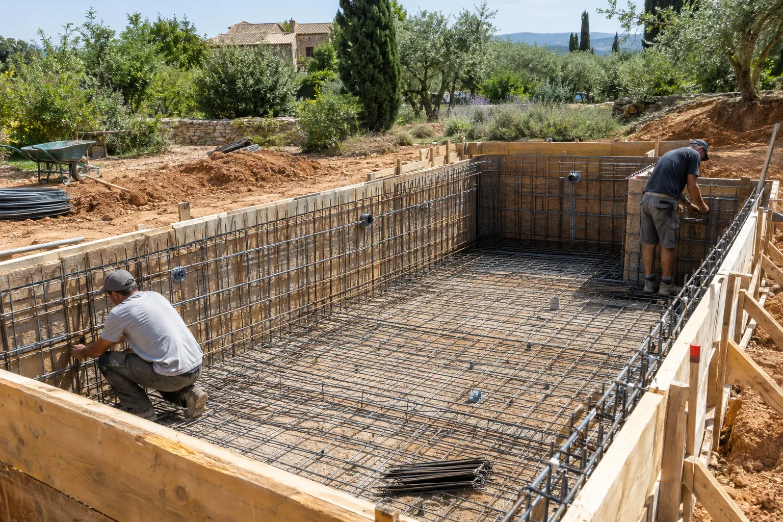 Ferraillage et coffrage d'un bassin en béton en cours de chantier