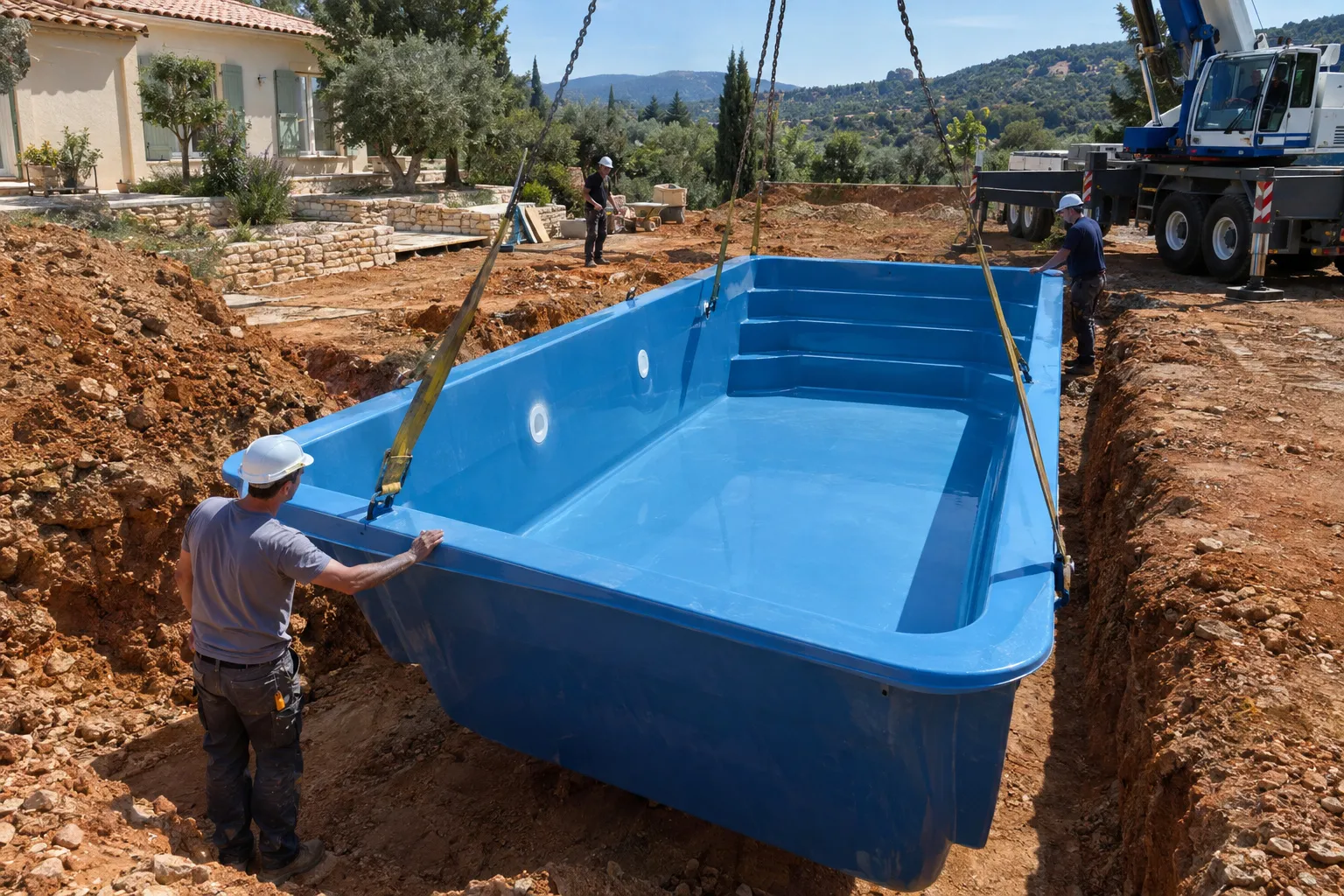 Coque de piscine bleue descendue par une grue dans sa fouille